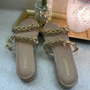 Shoe Dazzle Gold Chain Clear Sandals